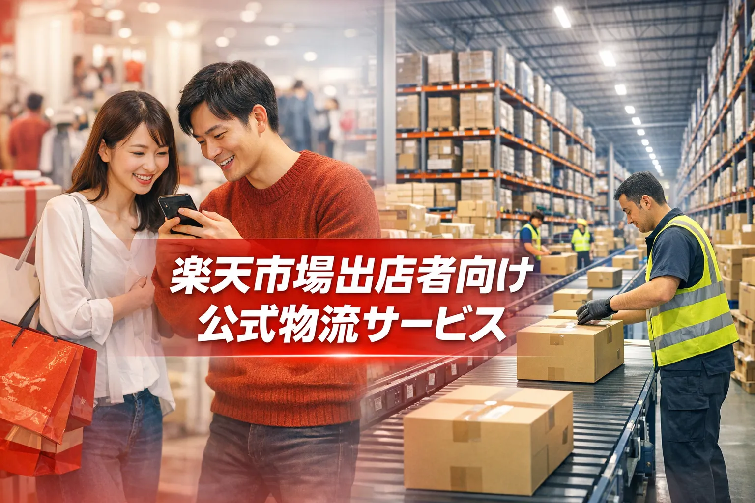 楽天市場出店者向け公式物流サービス（RSL）の紹介。スマホを見る笑顔のカップルと、倉庫で梱包作業をするスタッフの比較イメージ。