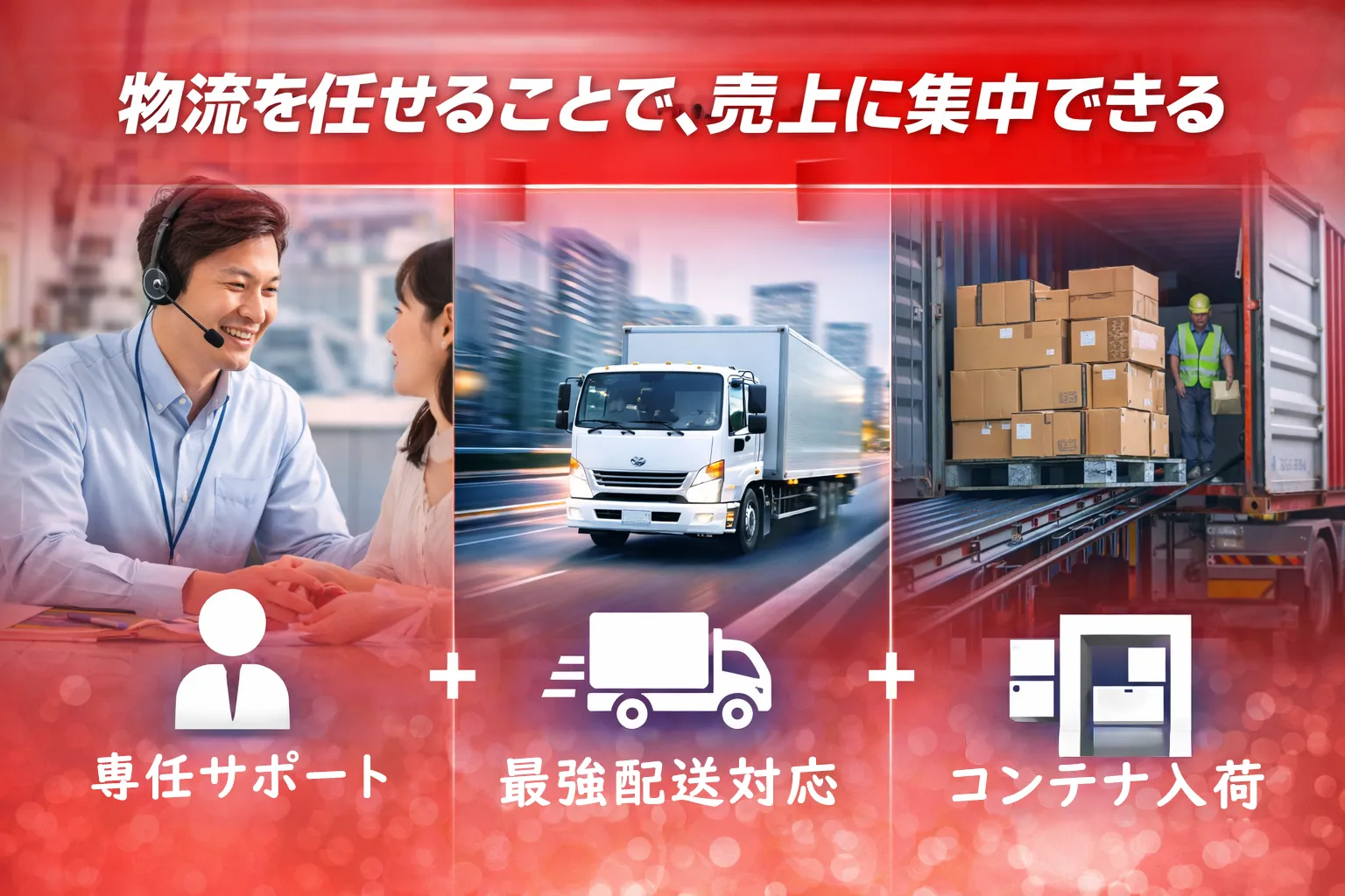 物流を任せることで売上に集中できるメリットの紹介。専任サポート、最強配送対応、コンテナ入荷の3つの強みをアイコンで表示。