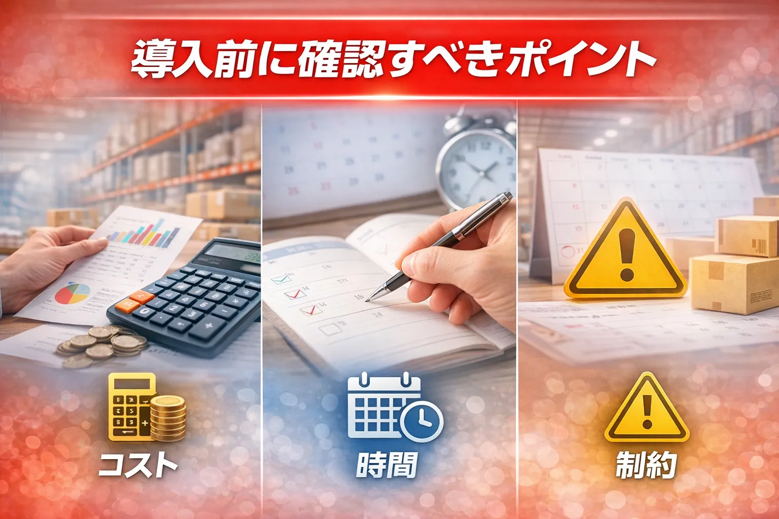 導入前に確認すべき3つのポイント。コスト（計算機）、時間（カレンダー）、制約（警告マーク）のアイコンとイメージ画像。

