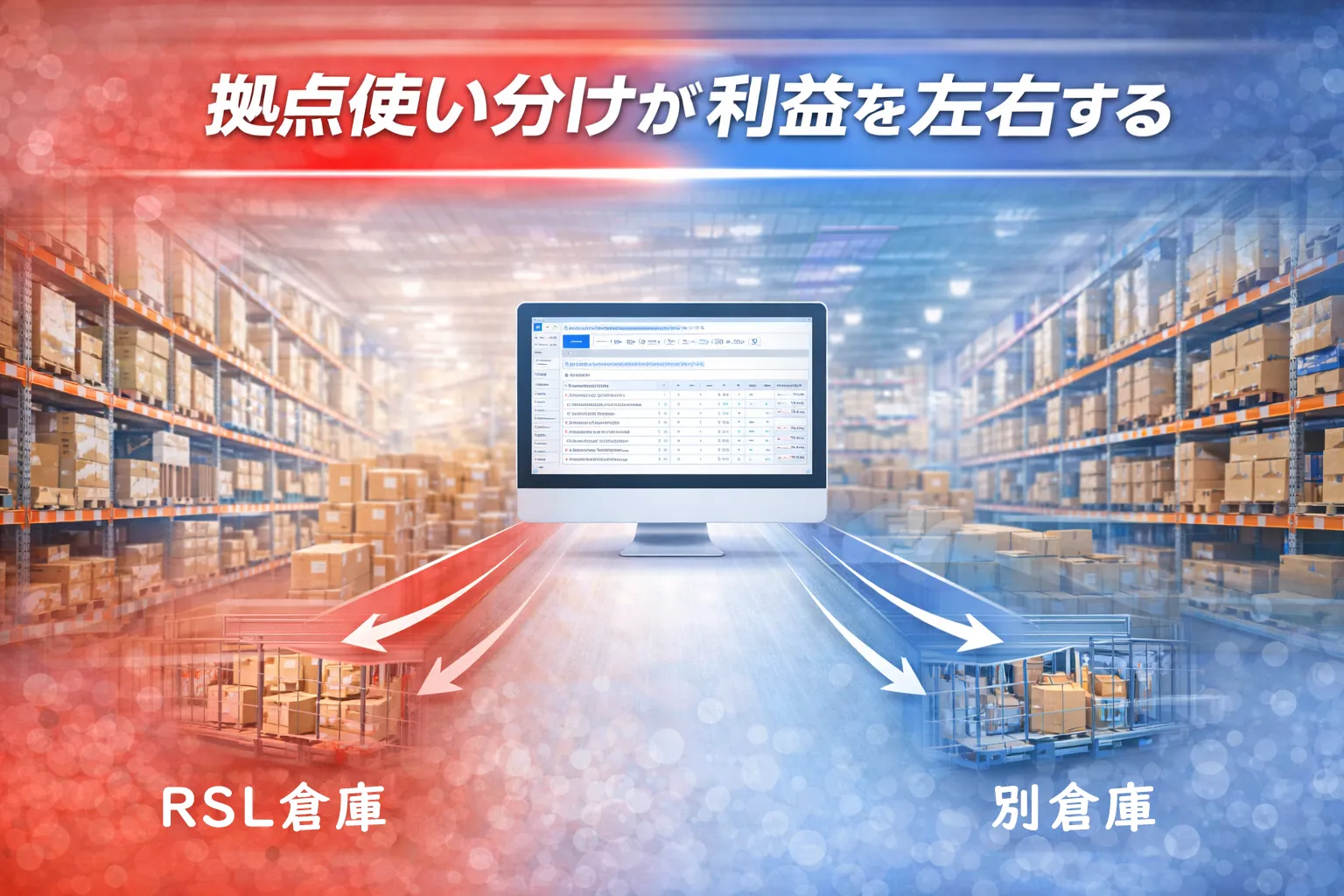 拠点使い分けが利益を左右するという解説。中心のPCモニターから「RSL倉庫」と「別倉庫（自社など）」へ出荷指示が分かれるイメージ。
