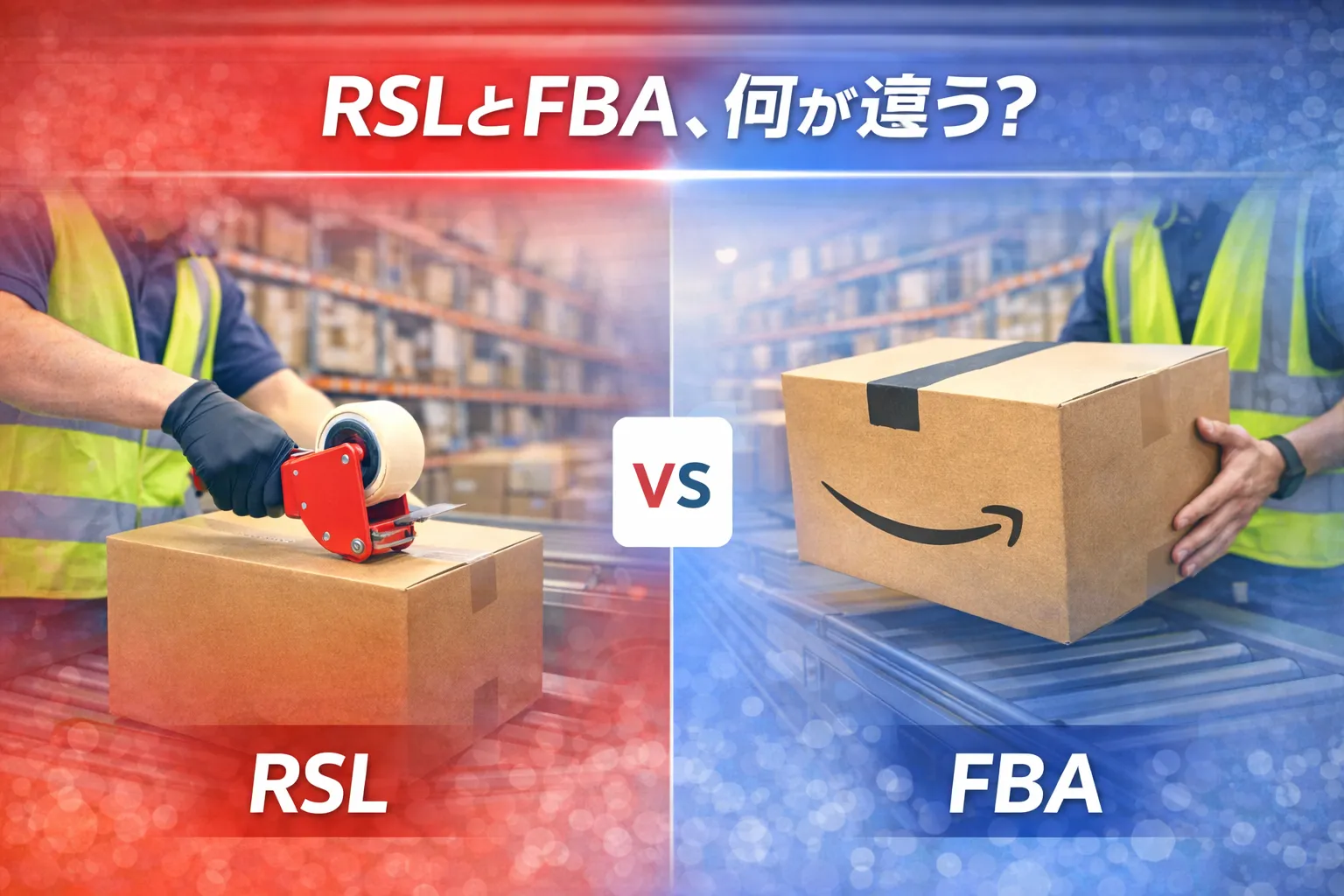 RSLとFBA（フルフィルメント by Amazon）の比較イメージ。左側にRSLの梱包作業、右側にAmazonのロゴ入り段ボールを配置。
