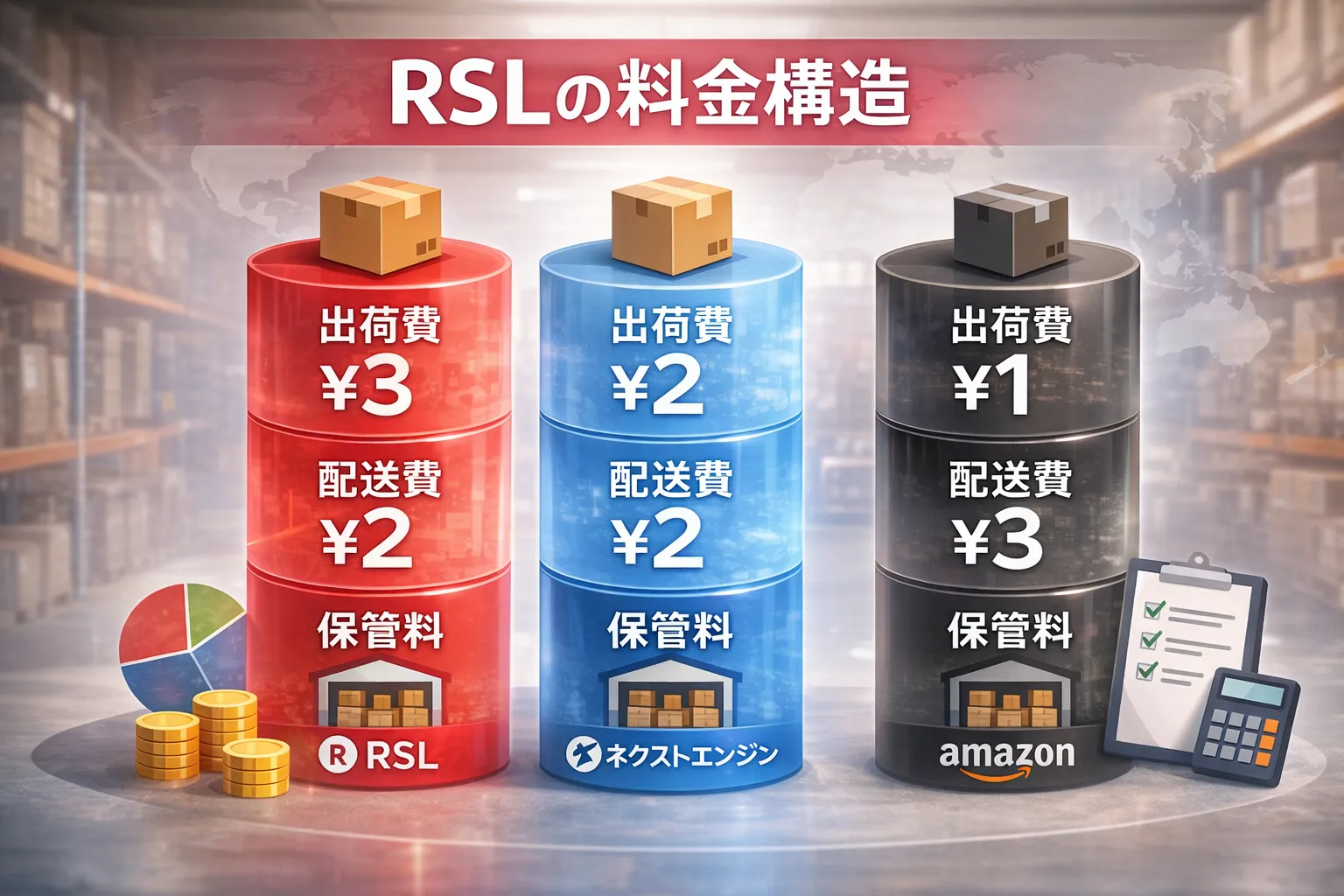 RSL・ネクストエンジン・Amazonの料金構造の比較グラフ。出荷費、配送費、保管料の3項目が積み上げグラフで表現されている。