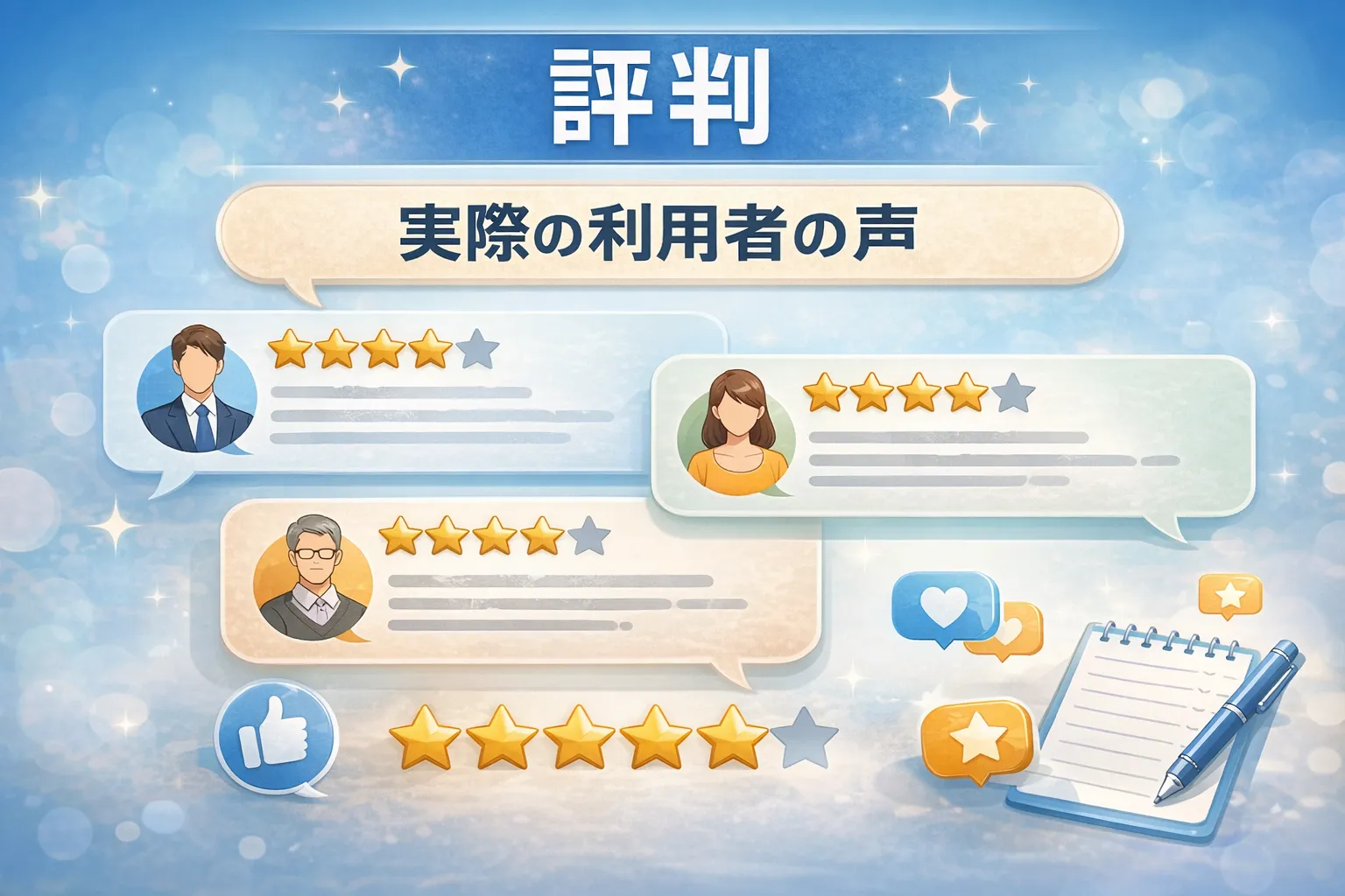 実際の利用者の声。星評価がついた吹き出しと、アンケート用紙にペンを走らせるイメージイラスト。
