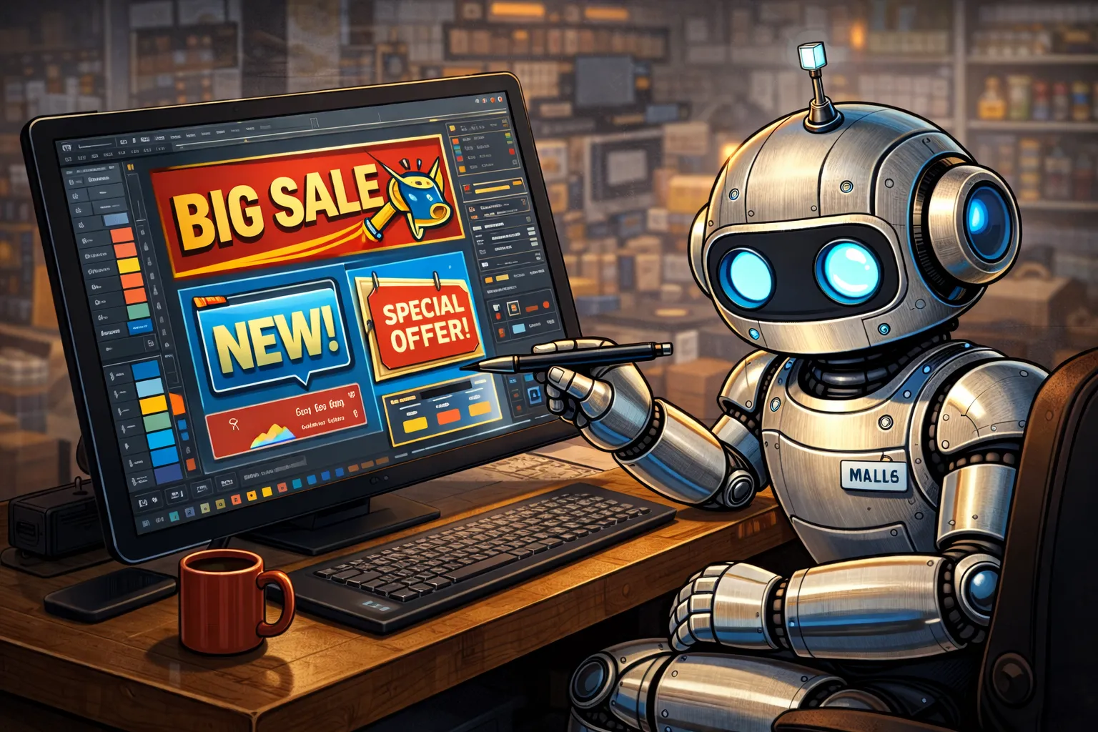 パソコン画面で「BIG SALE」や「SPECIAL OFFER!」といったEC広告バナーをデザインするロボット。生成AIを活用した広告クリエイティブ制作のイメージ。
