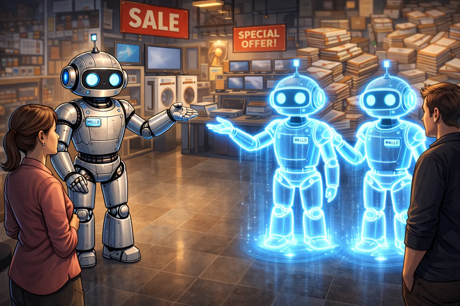 実店舗のような空間で、ロボットのホログラムが来店客に接客や商品提案を行っている様子。ECサイトにおけるAIチャットボットやコンシェルジュ型AIの接客イメージ。
