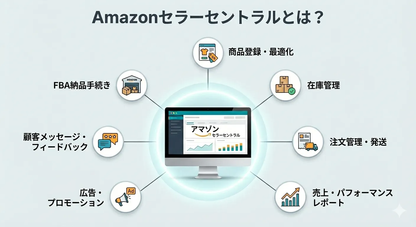 Amazon出品者専用の管理画面「セラーセントラル」の主な機能（在庫管理・商品登録・注文処理・広告管理）の全体像を示すイメージ図
