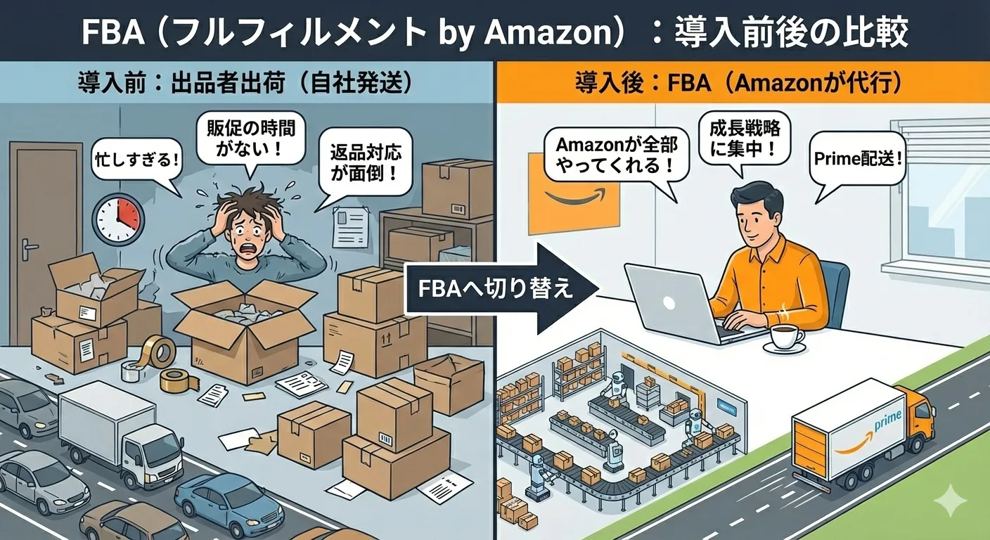 Amazonが商品の保管・梱包・発送・カスタマーサービスを代行するサービス「FBA」の仕組みと、出品者の作業負担が軽減されるイメージの比較図