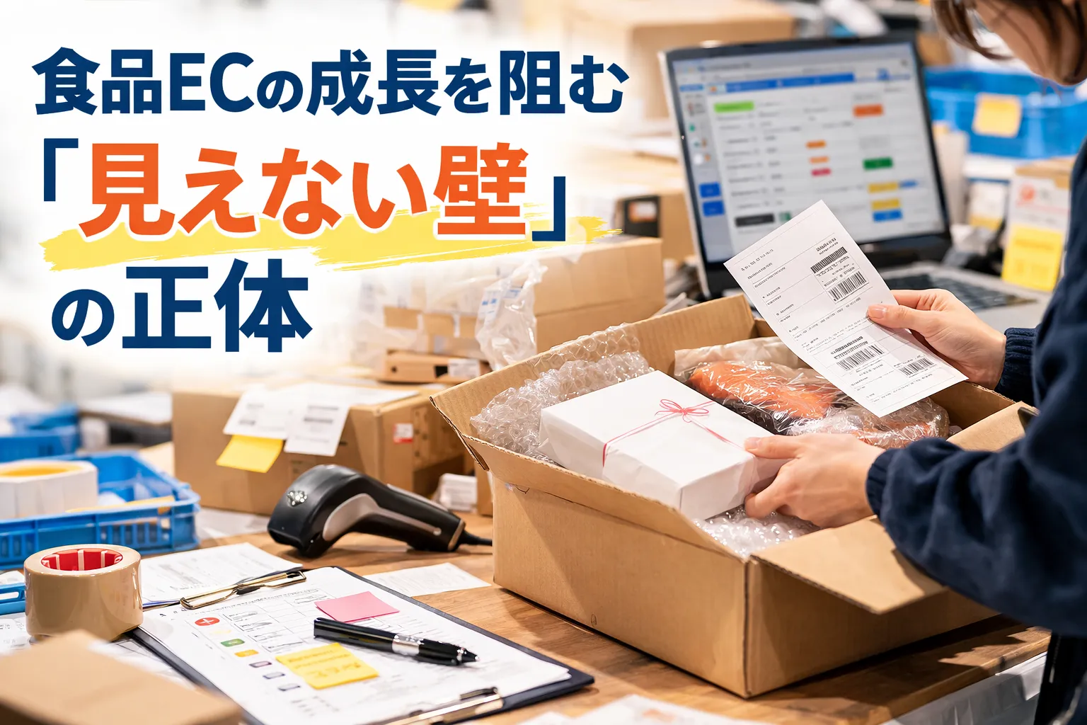 食品ECのバックヤードでの梱包作業風景と、「食品ECの成長を阻む『見えない壁』の正体」というテキストが記載された解説画像。