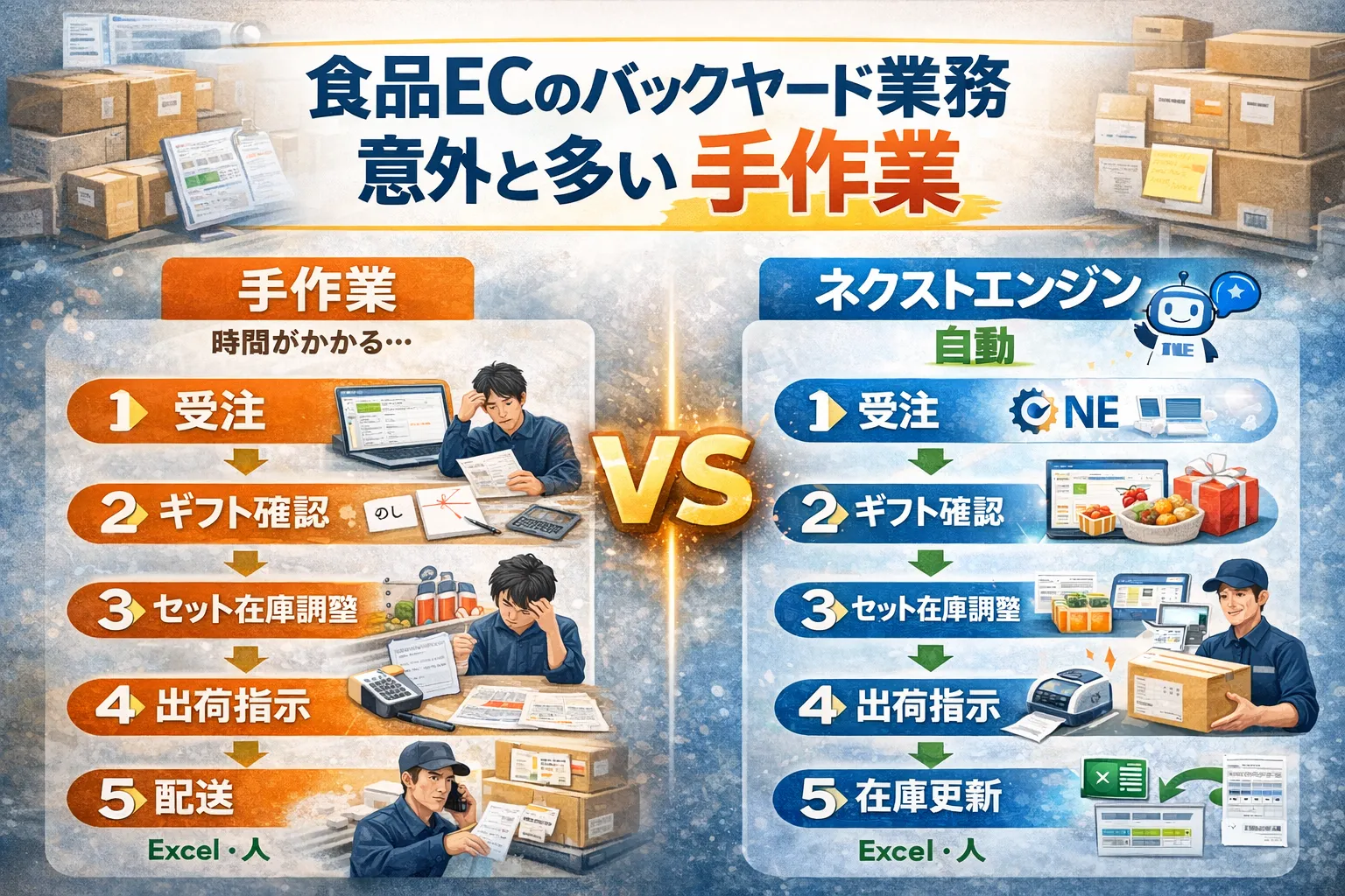 手作業とネクストエンジンによる自動化の比較図。受注、ギフト確認、セット在庫調整、出荷指示のフローがネクストエンジンでどう効率化・自動化されるかの比較。