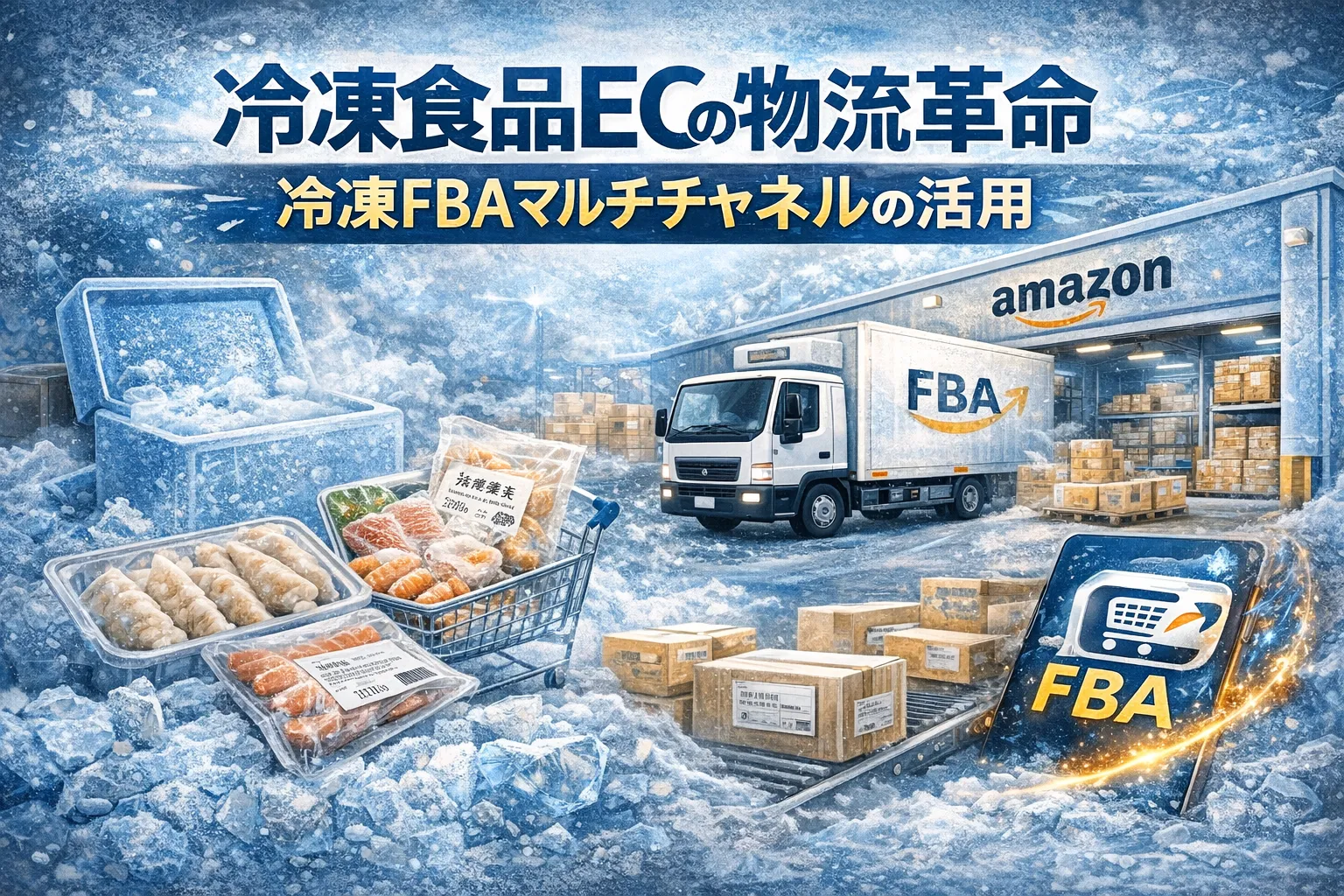 雪に覆われたAmazon FBA倉庫と冷凍トラック、冷凍食品のイラスト。「冷凍食品ECの物流革命:冷凍FBAマルチチャネルの活用」のテキスト。