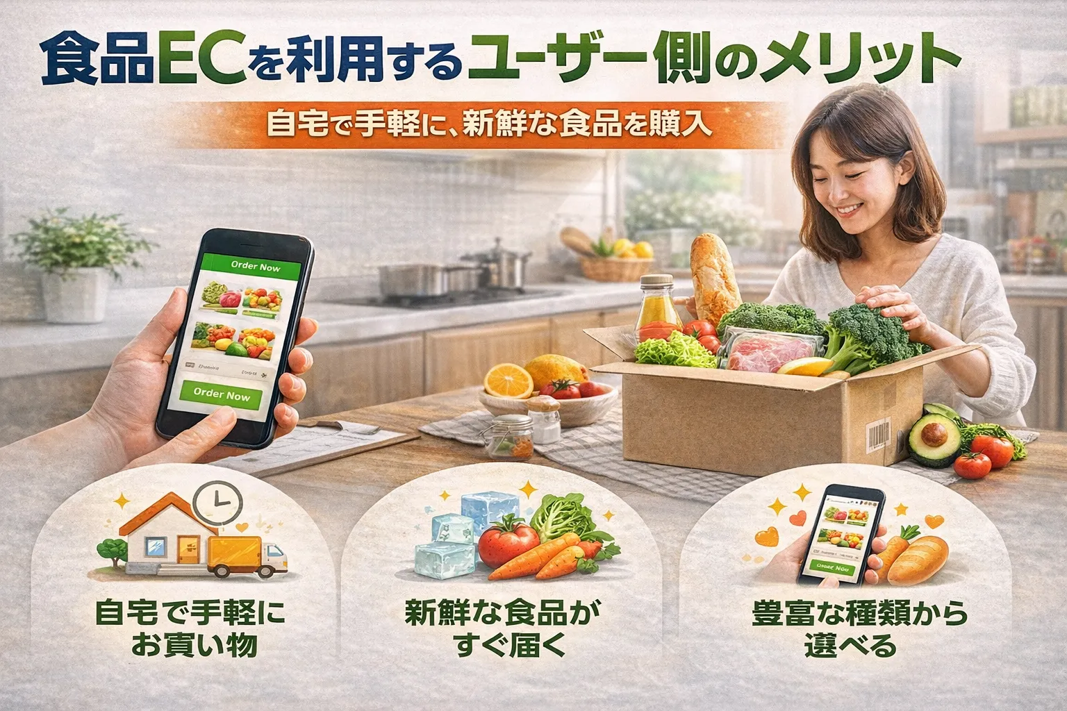 ユーザー側が食品ECを利用するメリット（手軽さ・鮮度・豊富な種類）