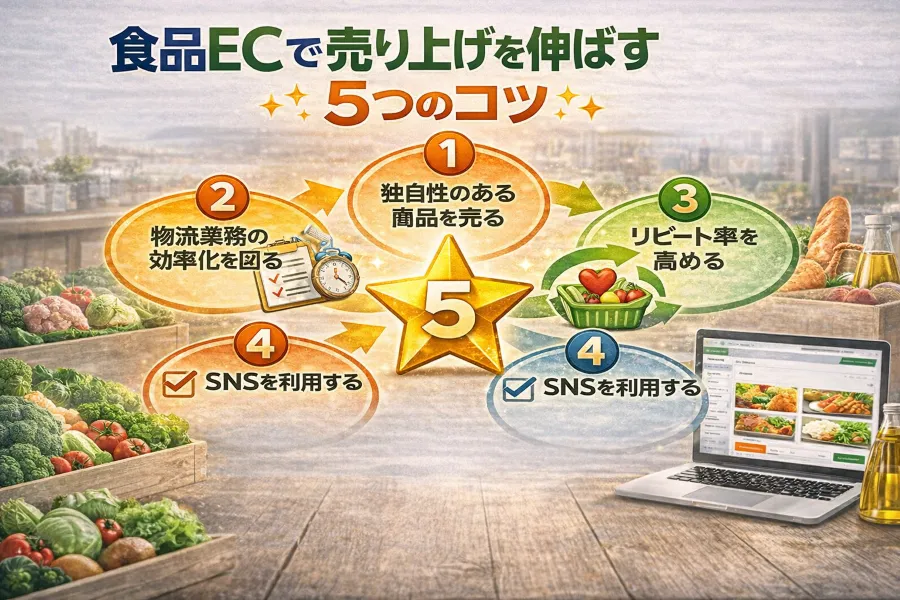 食品ECで売り上げを伸ばす5つのコツ（商品独自性・物流効率化・リピート率・SNS・UI/UX）