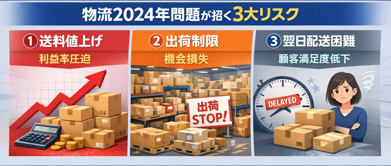 物流2024年問題の3大リスクを説明する画像。1.送料値上げによる利益率圧迫、2.出荷制限による機会損失、3.翌日配送困難による顧客満足度低下を、イラストと図解で示している。