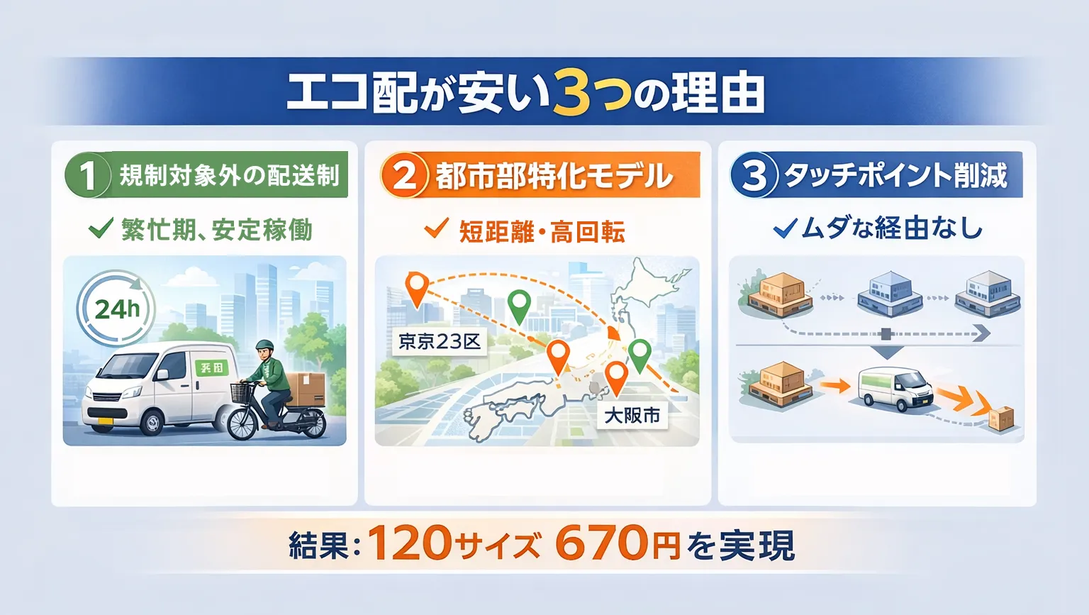 エコ配が安い3つの理由を解説。1.規制対象外の配送制による安定稼働、2.東京23区や大阪市などの都市部特化モデル、3.ムダな経由を省くタッチポイント削減。結果として「120サイズ 670円」を実現している。