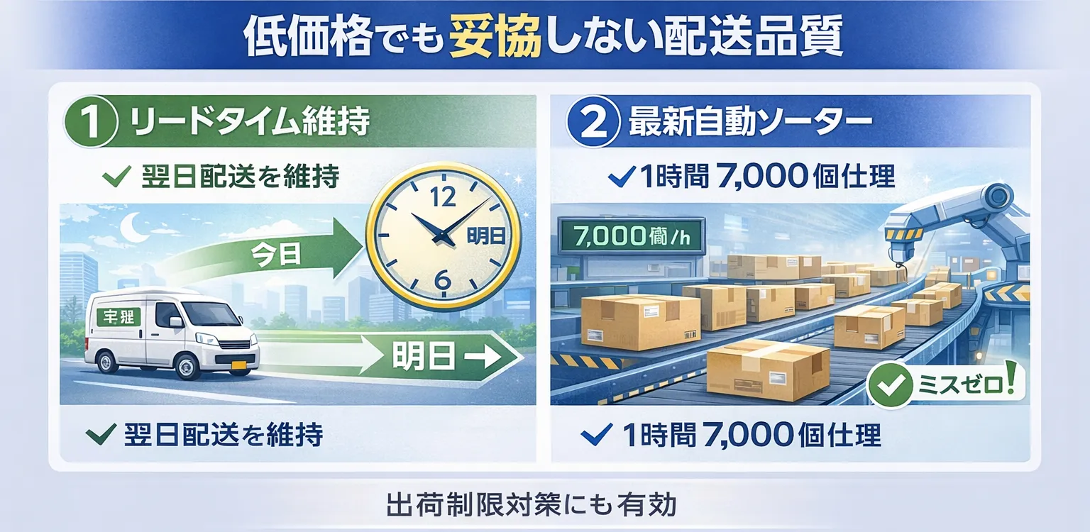 エコ配の品質へのこだわり。1.リードタイム維持（翌日配送の継続）、2.最新自動ソーター（1時間7,000個の仕分けとミスゼロ）により、出荷制限対策にも有効であることを示している。