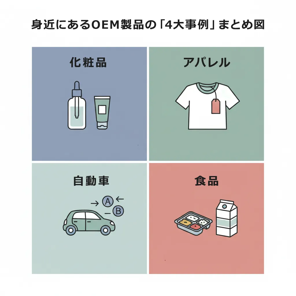 身近なOEM生産の具体例。化粧品（サロン専売品）、アパレル（海外生産）、自動車（メーカー共同開発）、食品（コンビニPB商品）の4業界におけるOEM活用イメージ。