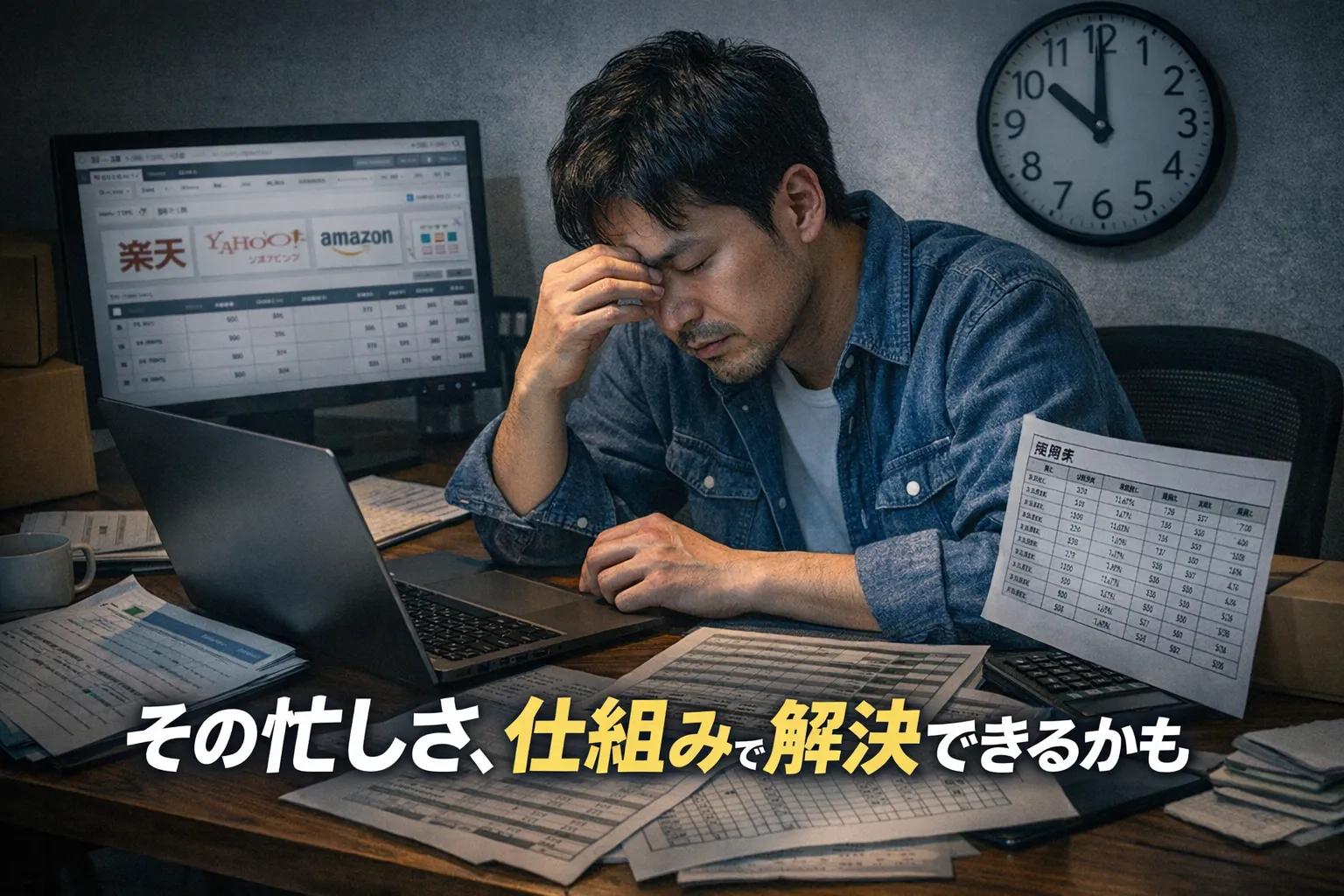 夜遅く、パソコンの前で頭を抱えて悩むネットショップ運営者の男性。「その忙しさ、仕組みで解決できるかも」というキャッチコピー。
