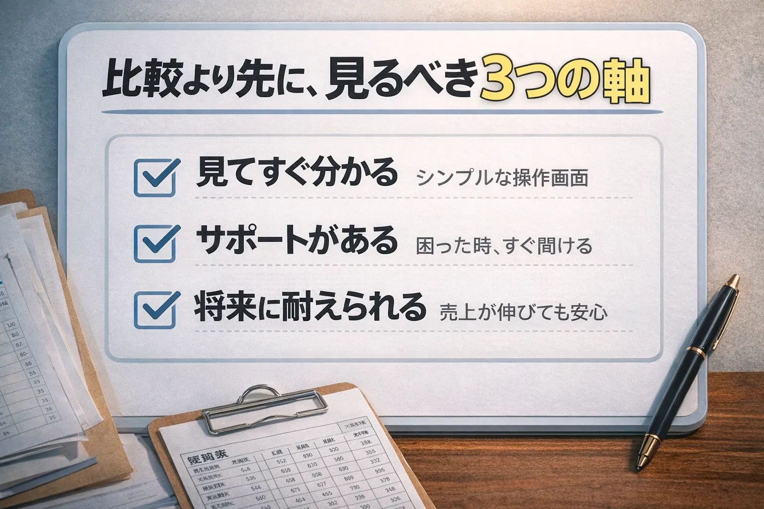 ホワイトボードに書かれた「比較より先に、見るべき3つの軸」。1.見てすぐ分かる（操作性）、2.サポートがある（安心感）、3.将来に耐えられる（拡張性）のチェックリスト。