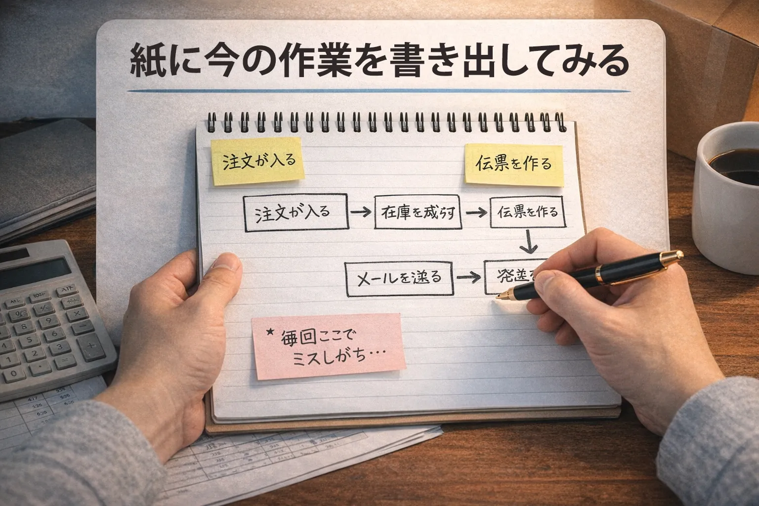 ノートに現在の業務フロー（注文が入る→在庫を減らす→伝票を作る→発送する等）を書き出し、「毎回ここでミスしがち…」という付箋が貼られたイメージ図。
