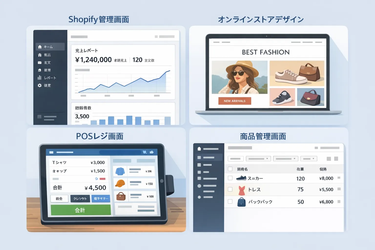 Shopifyの管理画面、オンラインストアデザイン、POSレジ、商品管理画面の機能を紹介するイラスト。