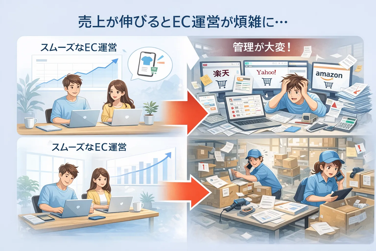 売上が伸びてEC運営が煩雑になり、多店舗管理や出荷作業に追われて混乱する様子を描いたイラスト。
