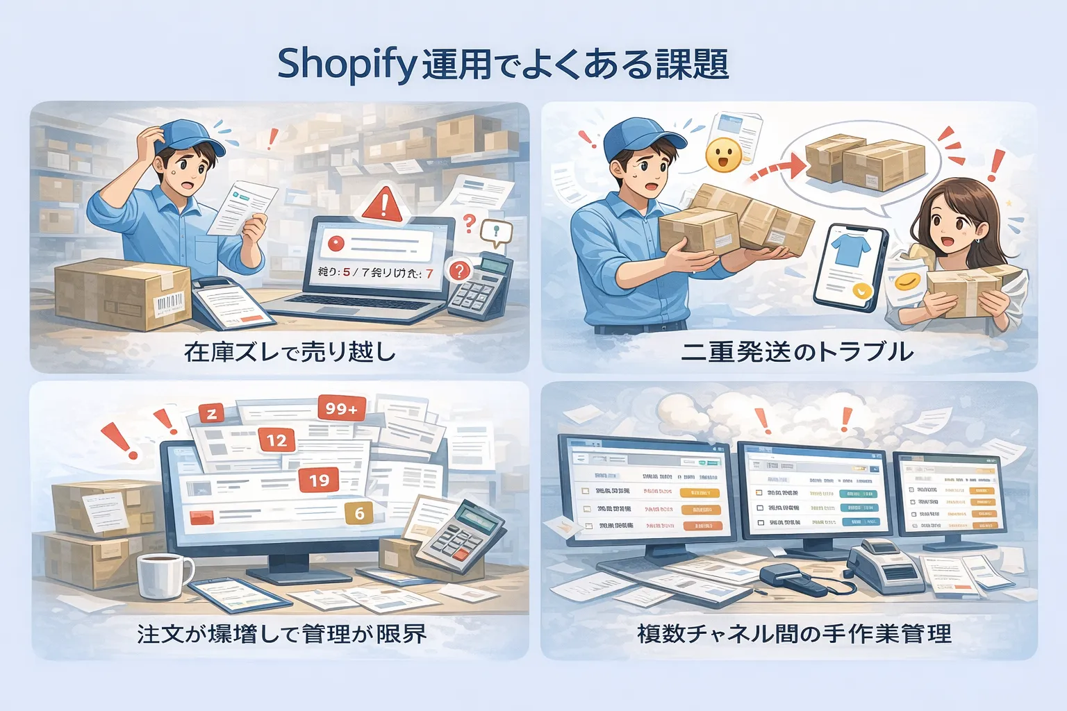 Shopify運用でよくある課題（在庫ズレ、二重発送、管理不足、手作業管理）を描いたイラスト。