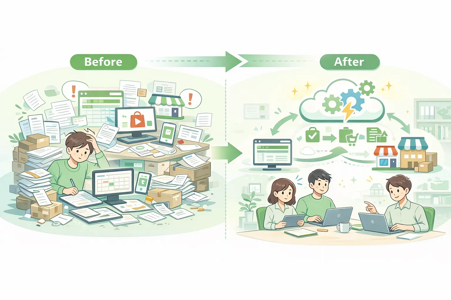ネクストエンジン導入前後でのバックヤード業務の変化。「Before」の混乱した作業デスクと、「After」の自動化により効率的に仕事をする様子。