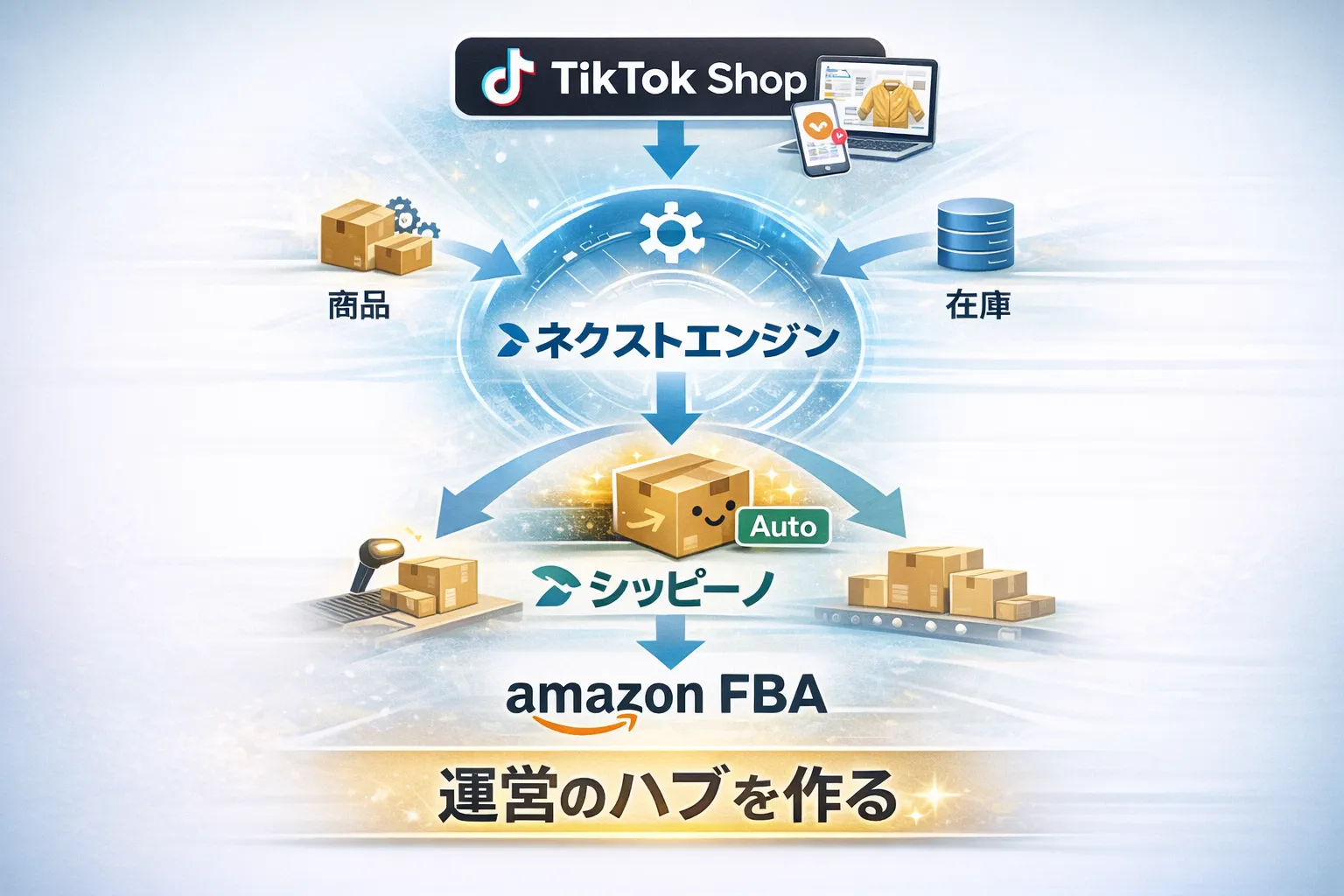 ネクストエンジンを中心とした運営のハブ構成図。TikTok Shop、商品、在庫の情報を集約し、シッピーノ経由でAmazon FBAから自動出荷する仕組み。