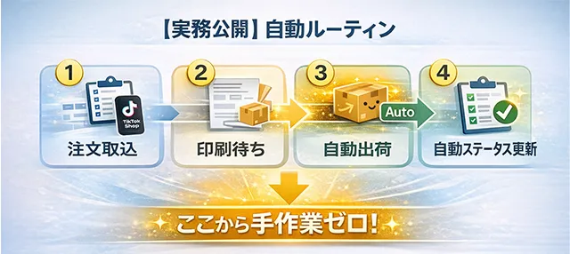 TikTok Shopの注文から出荷完了までの自動ルーティン図解。1.注文取込、2.印刷待ち、3.自動出荷、4.自動ステータス更新の4ステップと手作業ゼロの工程。