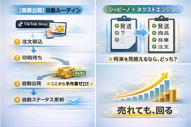 シッピーノ単体とネクストエンジン併用の比較。発送だけでなく商品・在庫・注文まで管理することで、売上が伸びても運営が回る成長イメージ。