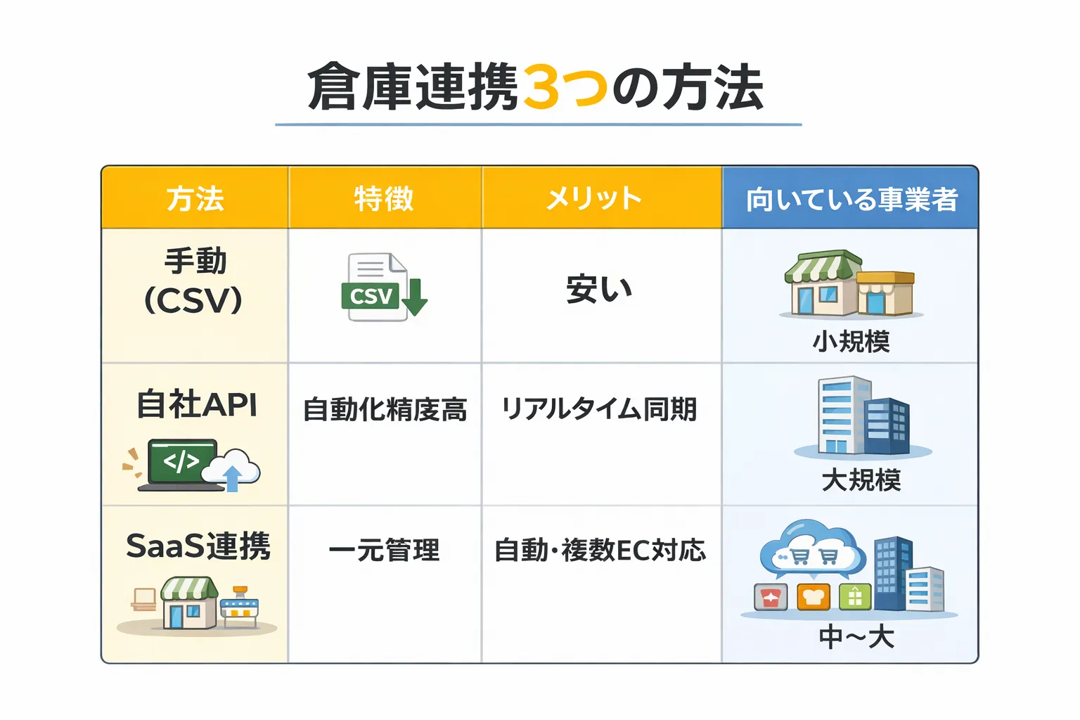 倉庫連携の3つの方法（手動CSV、自社API、SaaS連携）を比較した表。それぞれの特徴、メリット、向いている事業者の規模を整理。