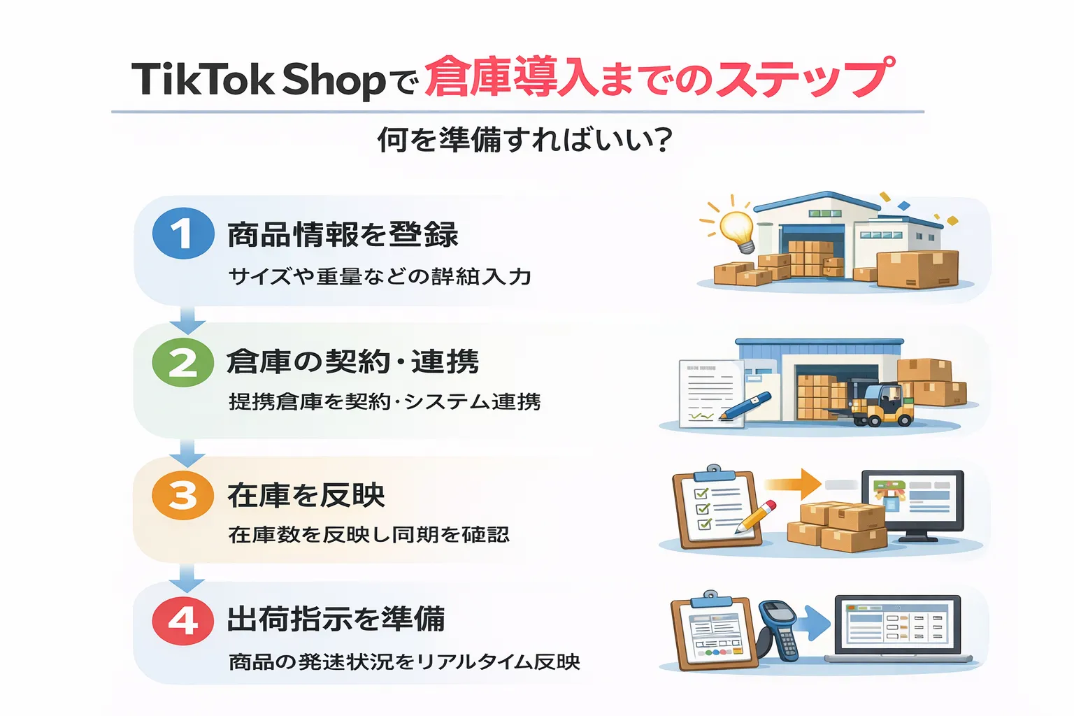 TikTok Shopで倉庫導入までの4ステップ。1.商品情報登録、2.倉庫の契約・連携、3.在庫を反映、4.出荷指示を準備、という流れを解説。
