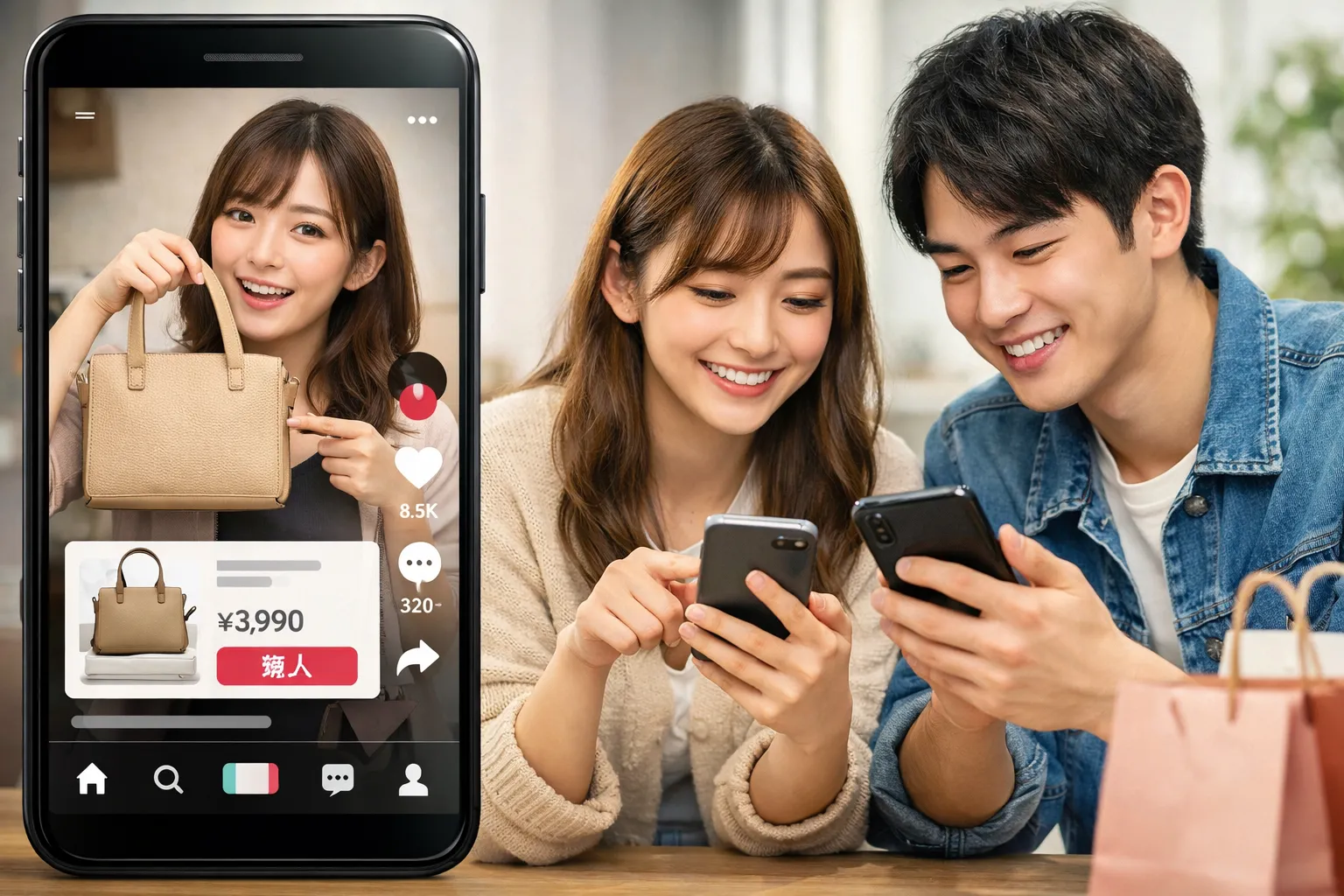 TikTok Shopでバッグをチェックするカップル
