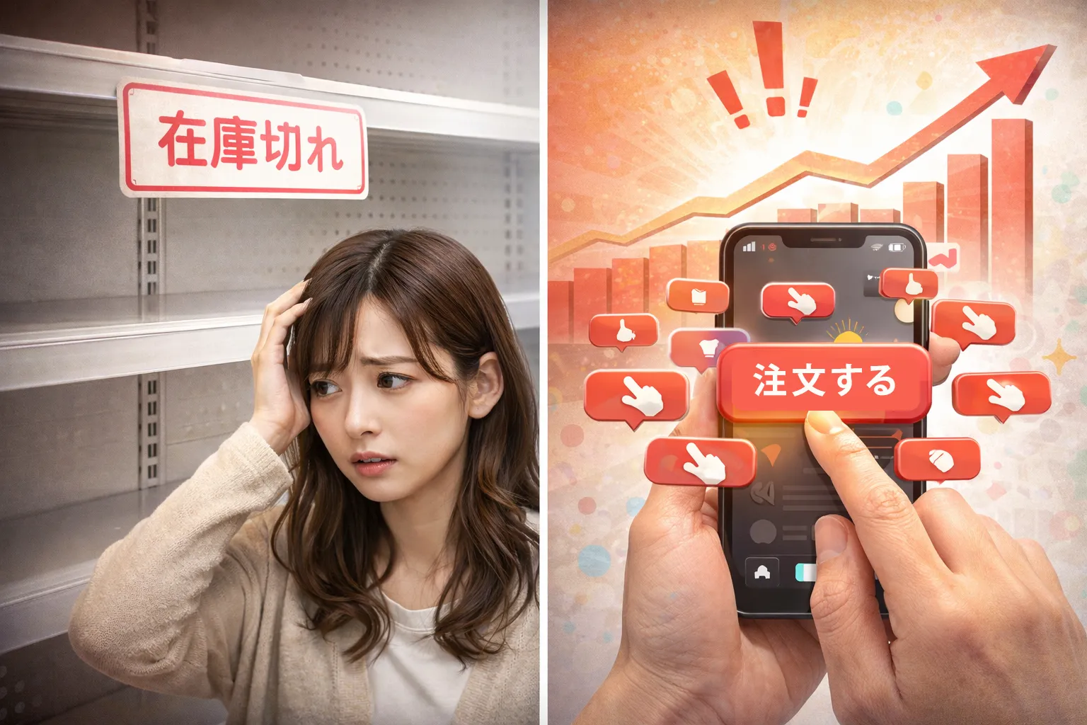 在庫切れに悩む店主と注文が殺到するスマホ

