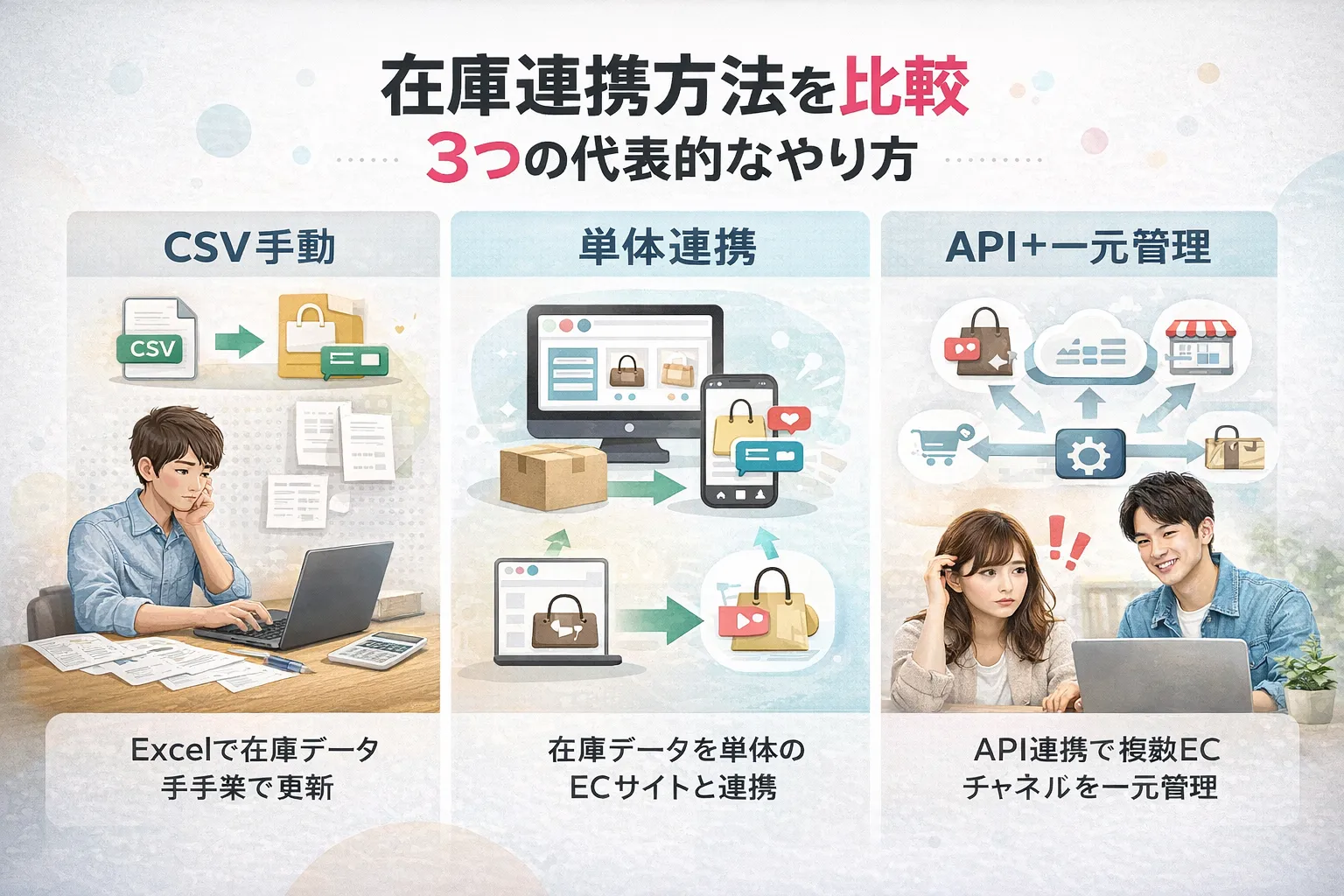 3つの代表的な在庫連携方法の比較表
