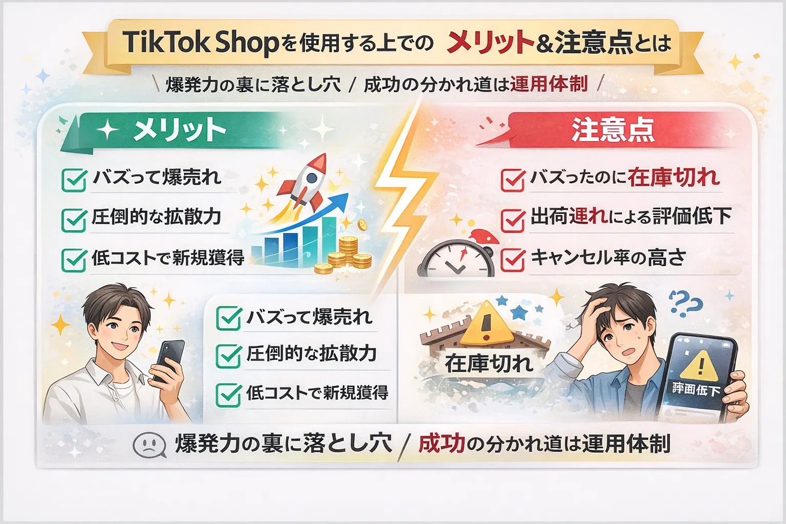 TikTok Shopのメリット（拡散力・低コスト）と注意点（在庫切れ・配送遅延）の比較。
