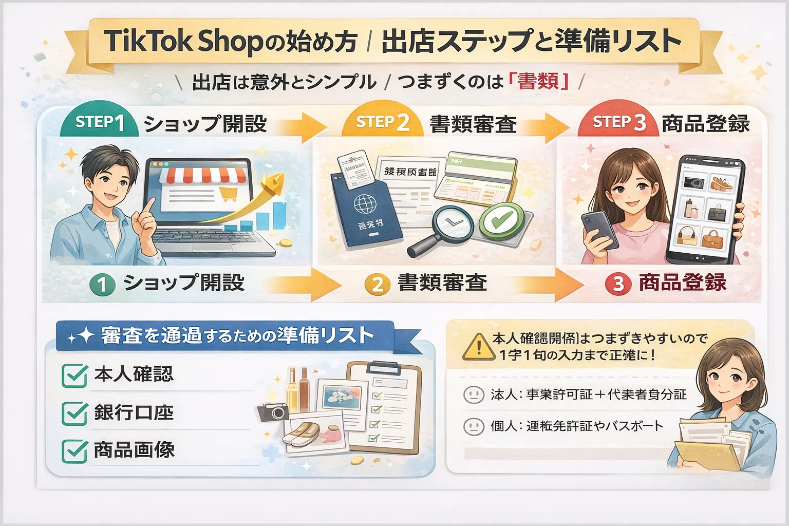 TikTok Shopの出店3ステップ（開設、書類審査、商品登録）と準備リストの解説。