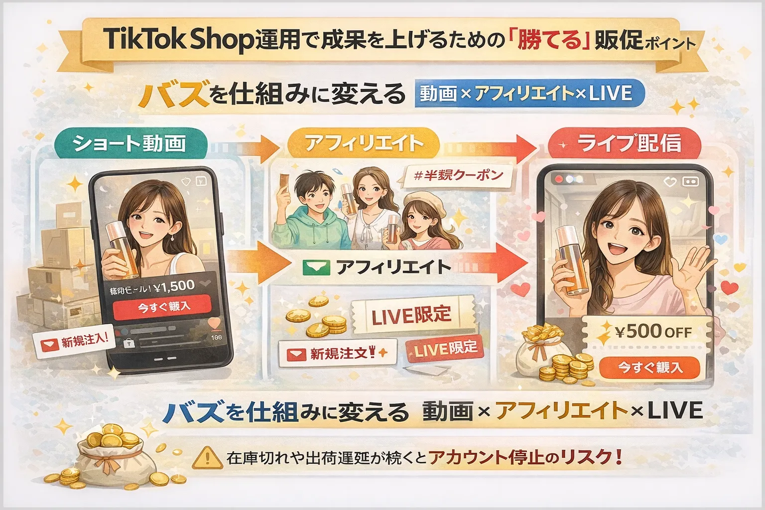 ショート動画、アフィリエイト、ライブ配信を組み合わせた売上アップの仕組み。

