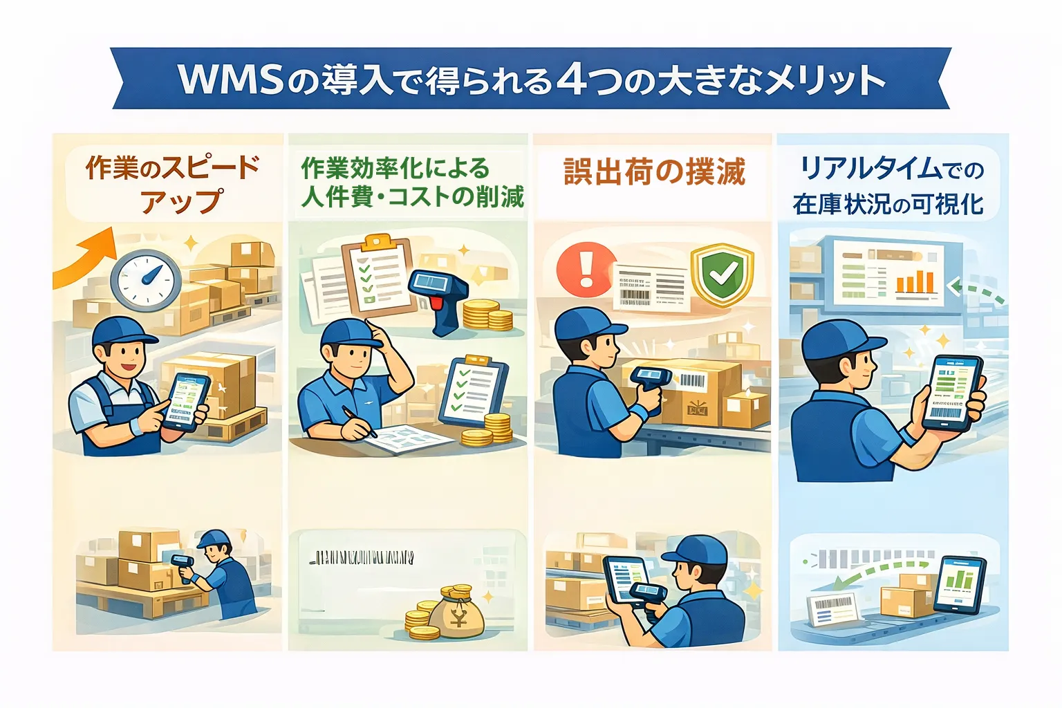 WMS導入の4つの大きなメリット。作業のスピードアップ、人件費・コストの削減、誤出荷の撲滅、リアルタイムでの在庫状況の可視化
