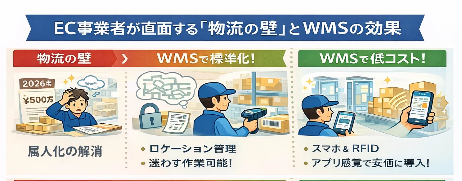 EC事業者が直面する「物流の壁」とWMSの効果。属人化の解消、ロケーション管理による標準化、スマホやRFID活用による低コストなシステム導入のイメージ