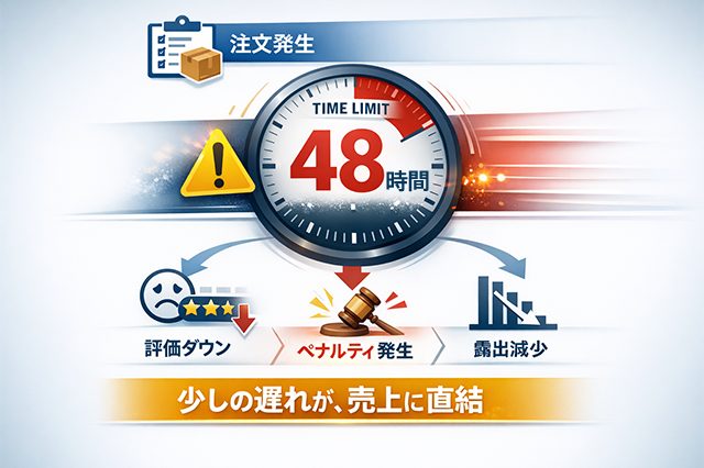 TikTok Shopの48時間発送ルールを象徴する時計の図解。期限超過による評価ダウン、ペナルティ発生、露出減少のリスクを警告。